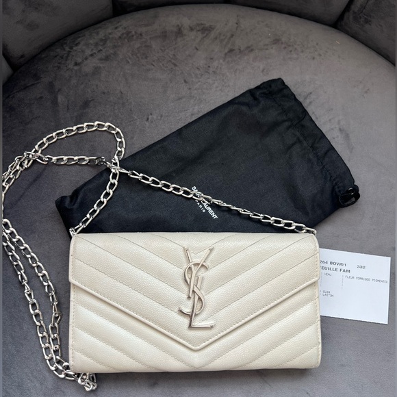 Yves Saint Laurent Handbags - YSL Cassandre beige envelope flap wallet on chain